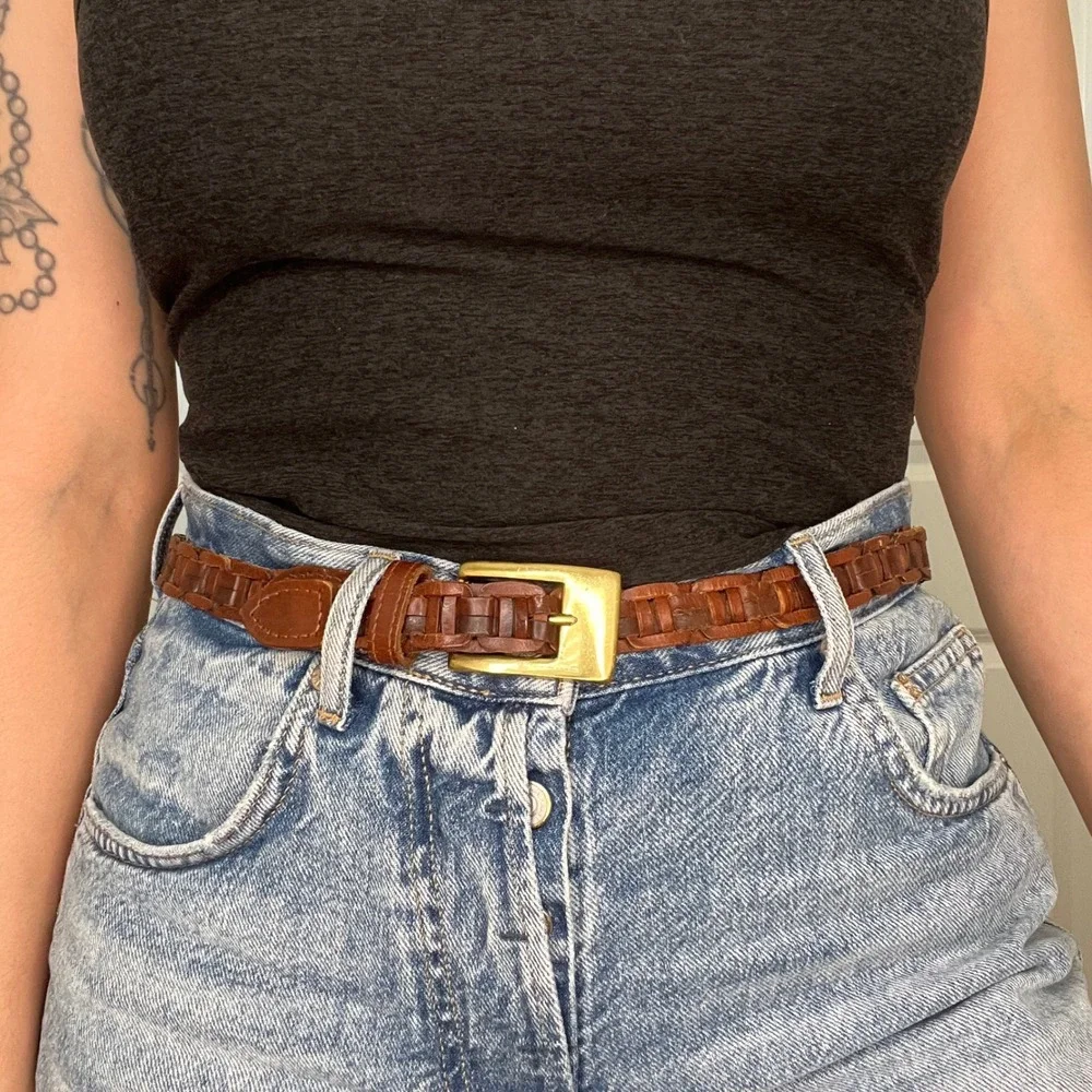 Woven Brown Genuine Leather‎ Belt with Brass Buckle Size S 36 Inch Made in India